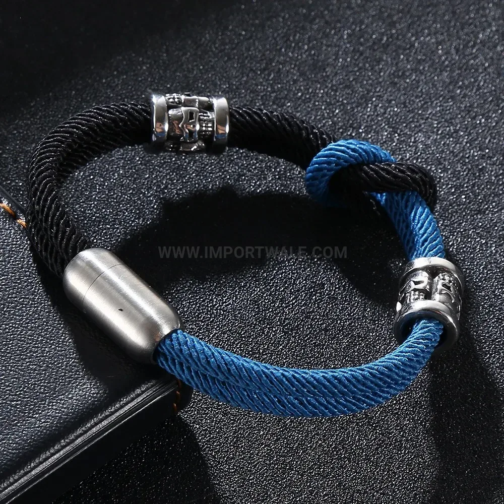 Double-Layer Blue and Black Leather Stainless Steel Bracelet