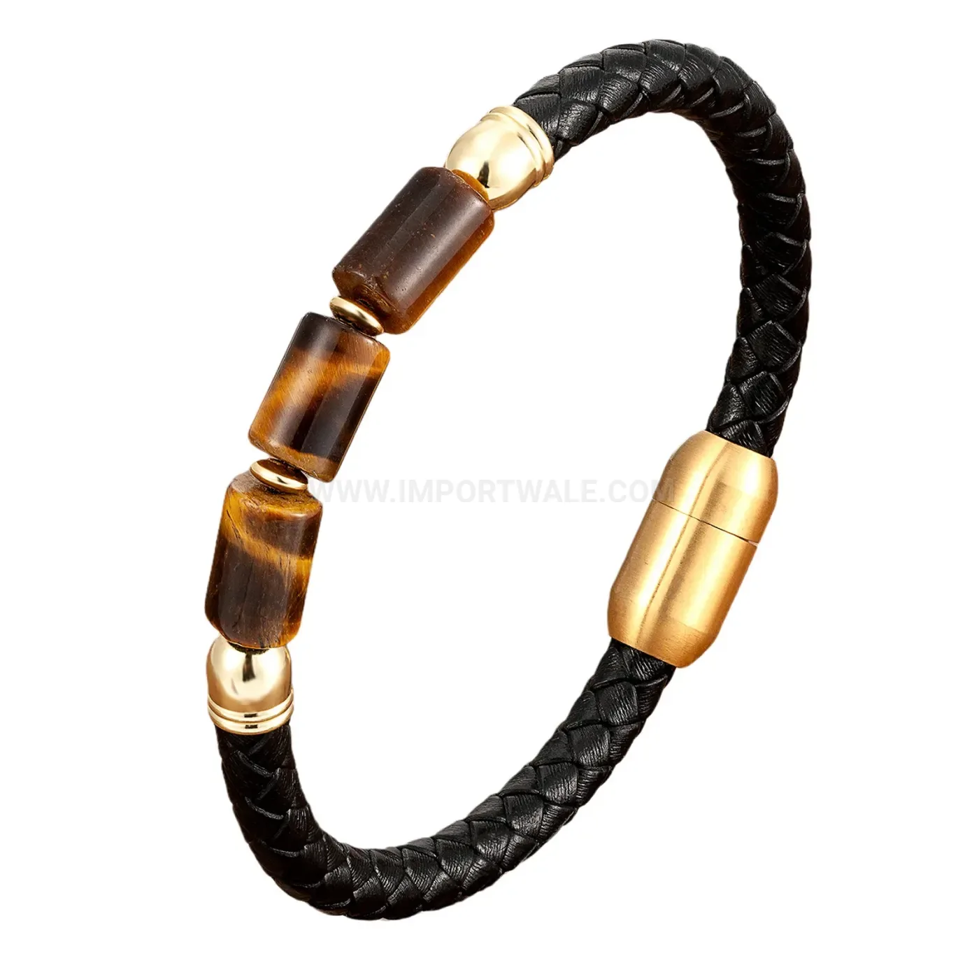Natural Stone Cylinder Leather Bracelet with Stainless Steel Clasp