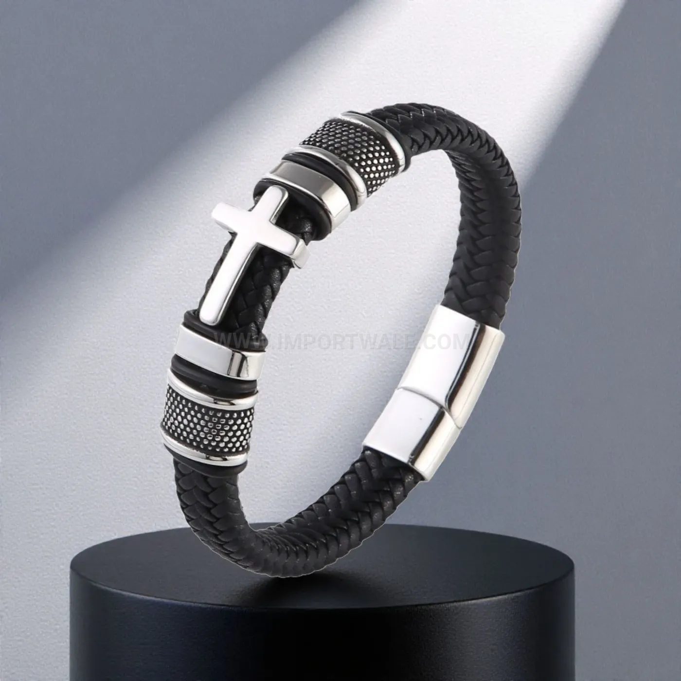 Designer Ankh Cross Braided Leather Stainless Steel Bracelet