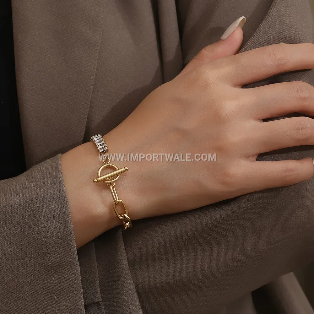 Gold Plated Titanium Steel Geometric Bracelet with Clear Zirconia