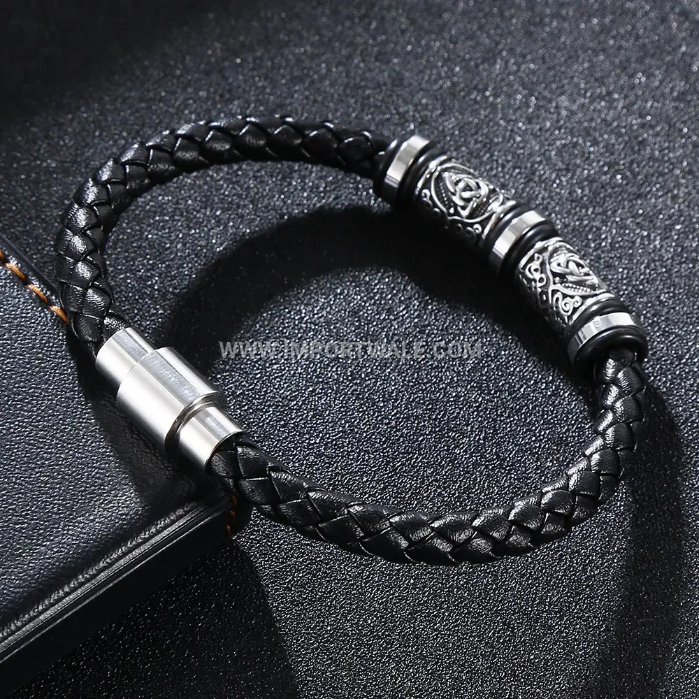 Carved Stainless Steel Viking Pattern Genuine Leather Bracelet