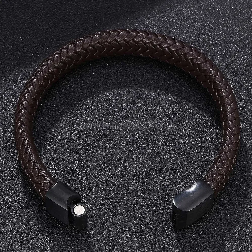 Braided Leather Cuff Bracelet with Sleek Stainless Steel Accents