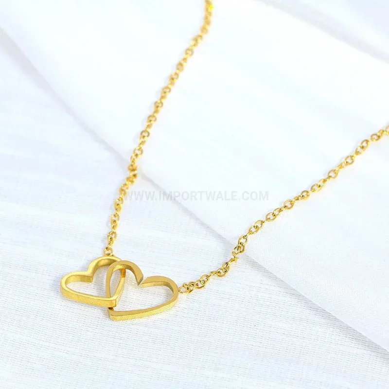 Bold Delicate Double Ring Heart Pendant Gold Titanium Steel Necklace