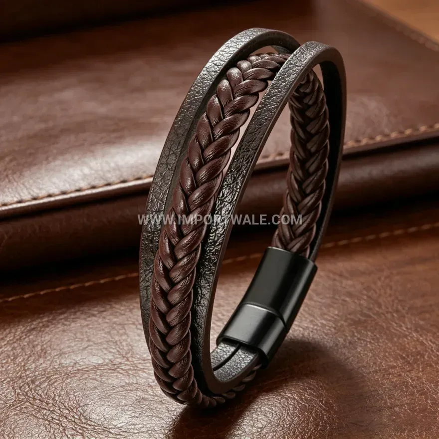 Triple Layer Braided Leather Matte Metal Clasp Wristband