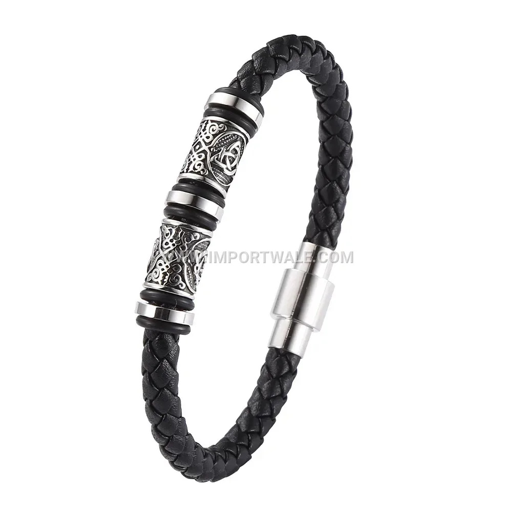 Carved Stainless Steel Viking Pattern Genuine Leather Bracelet
