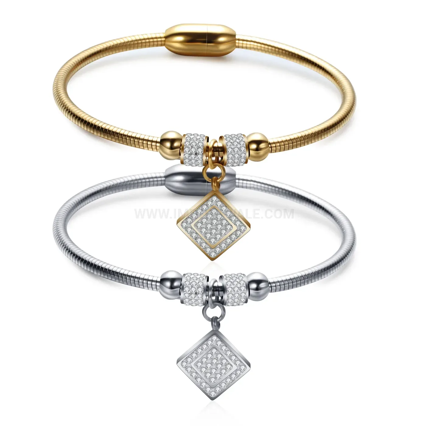 Designer Square Rhinestone Charm Snake Chain Magnetic Stainless Steel Bangle