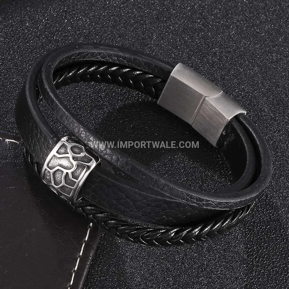 Multi Strand Woven Black Leather Stainless Steel Cuff Bracelet for Men