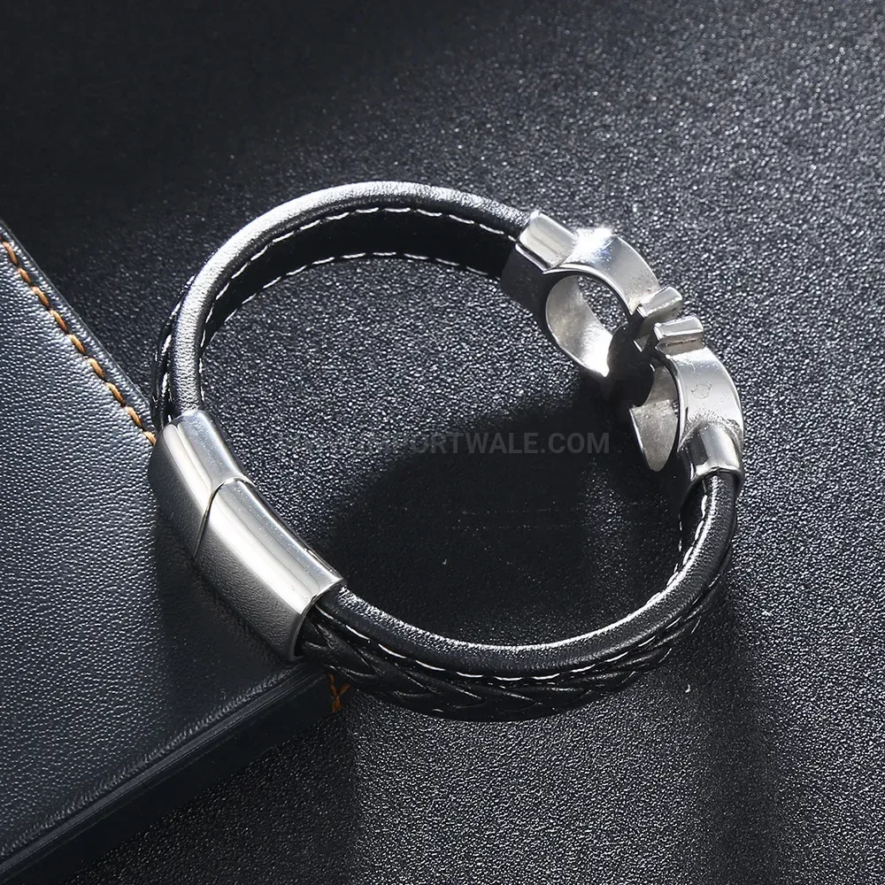 Stitched Braided Leather Wristband with Steel Clasp