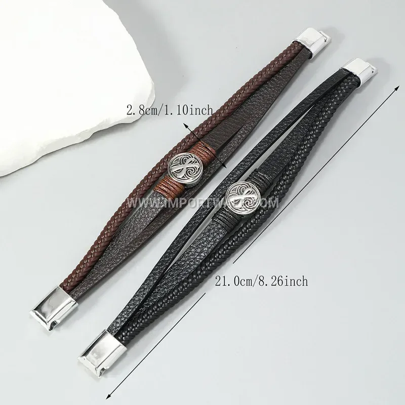 Layered Braided Leather Magnetic Cuff Bracelet for Men