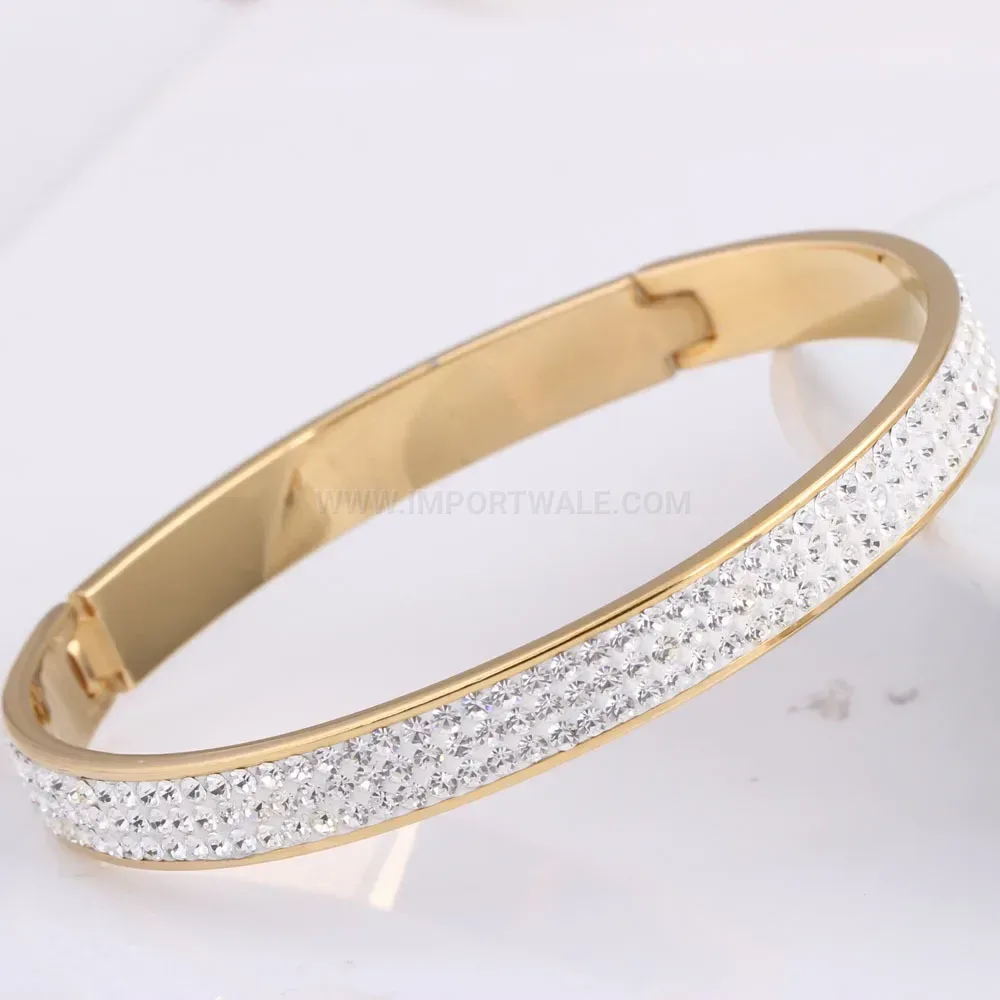 Premium Gold Stainless Steel Three Row Rhinestone Open Cuff Bangle