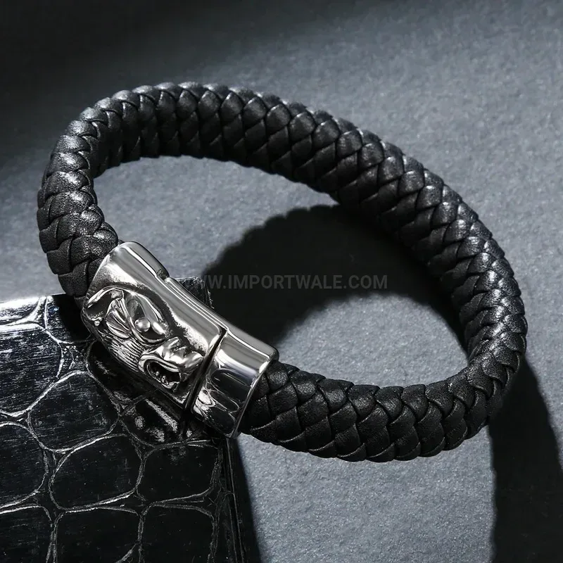 Designer Wolf Head Stainless Steel Handcrafted Leather Men's Bracelet