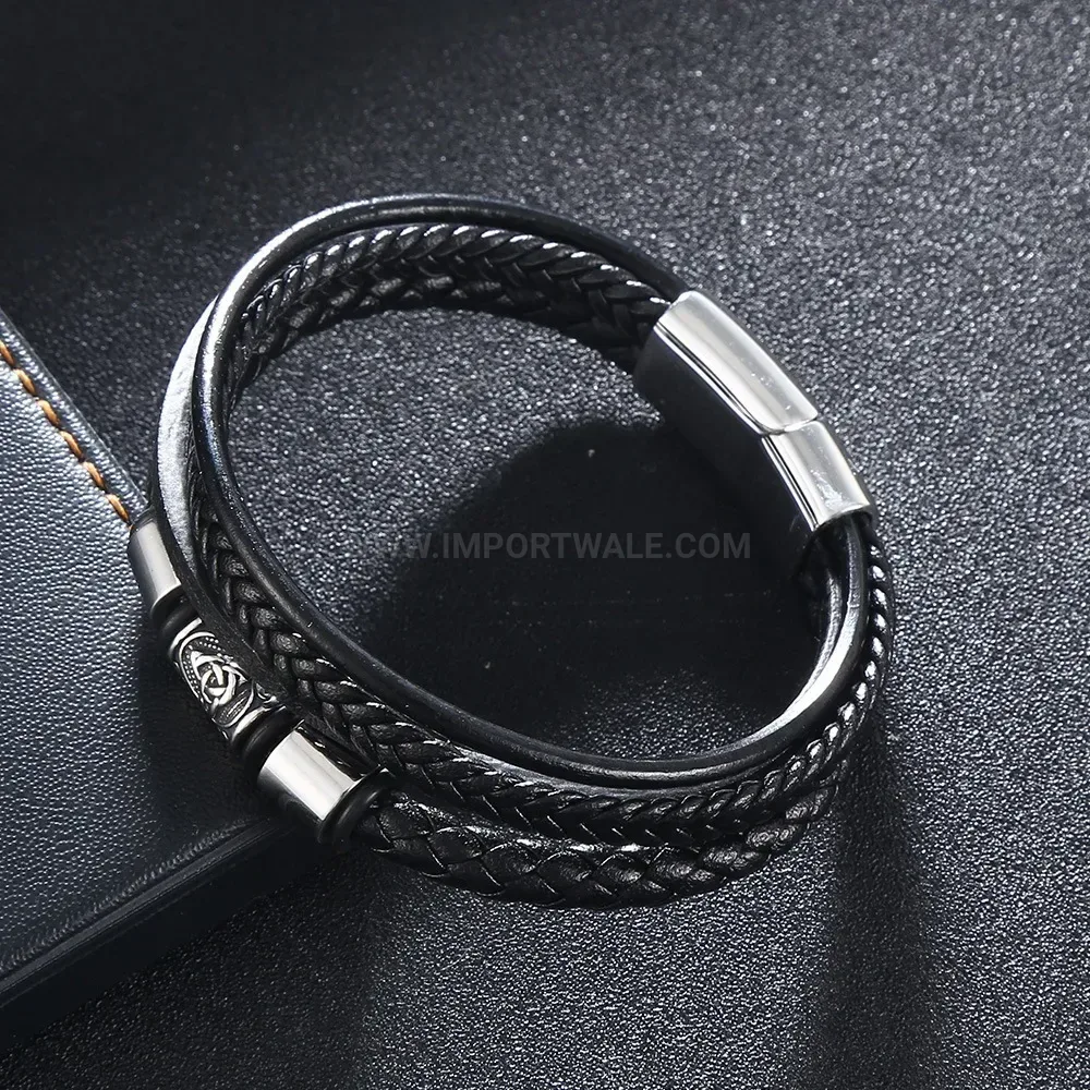 Minimalist Multi-Layer Woven Leather Stainless Steel Magnetic Clasp Bracelet