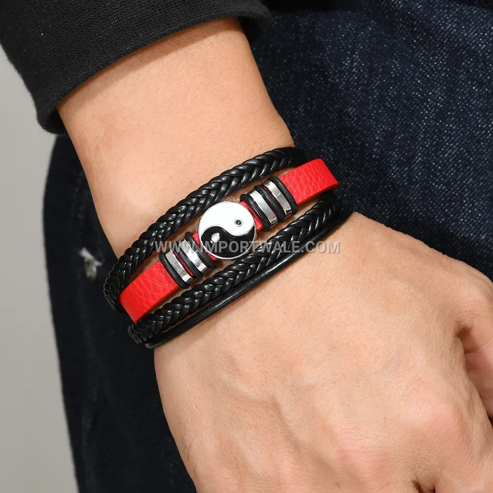 Multi Layer PU Leather Men Wristband With Magnetic Clasp
