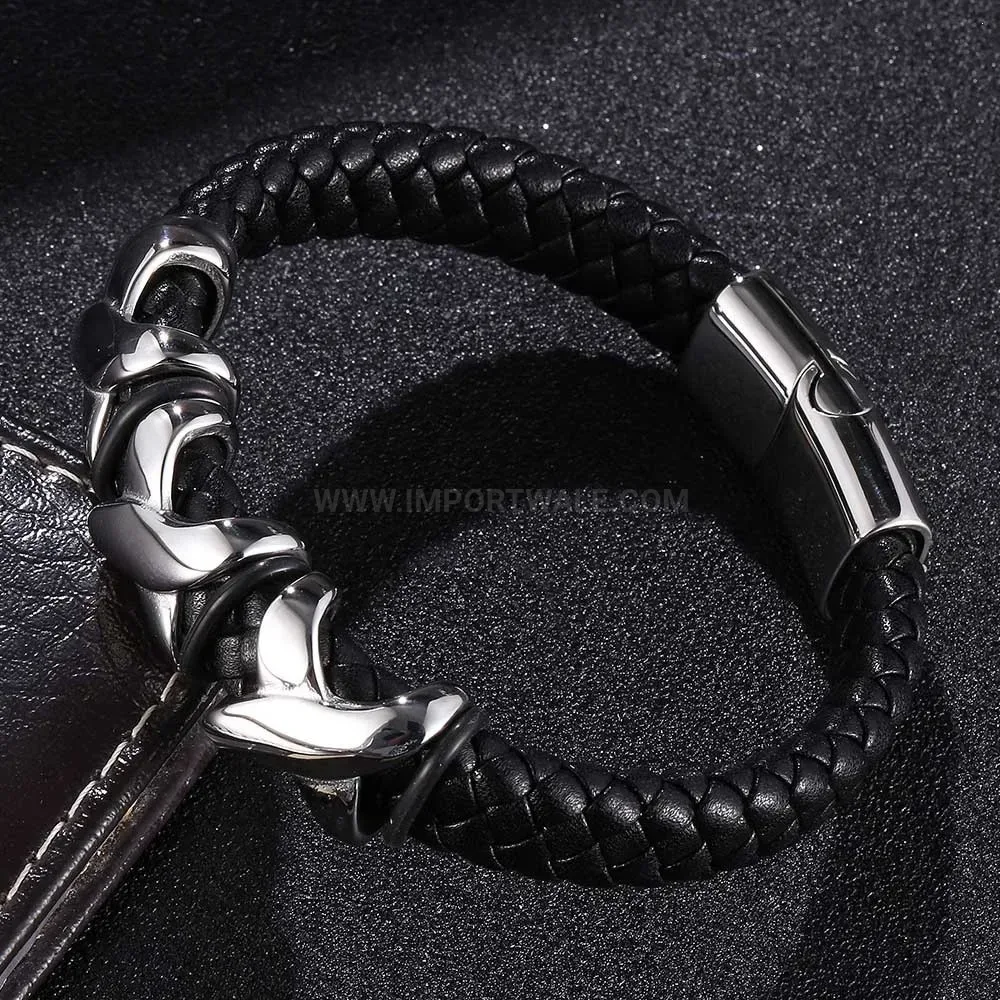 Men's Woven Leather Bracelet with Stainless Steel X Accent