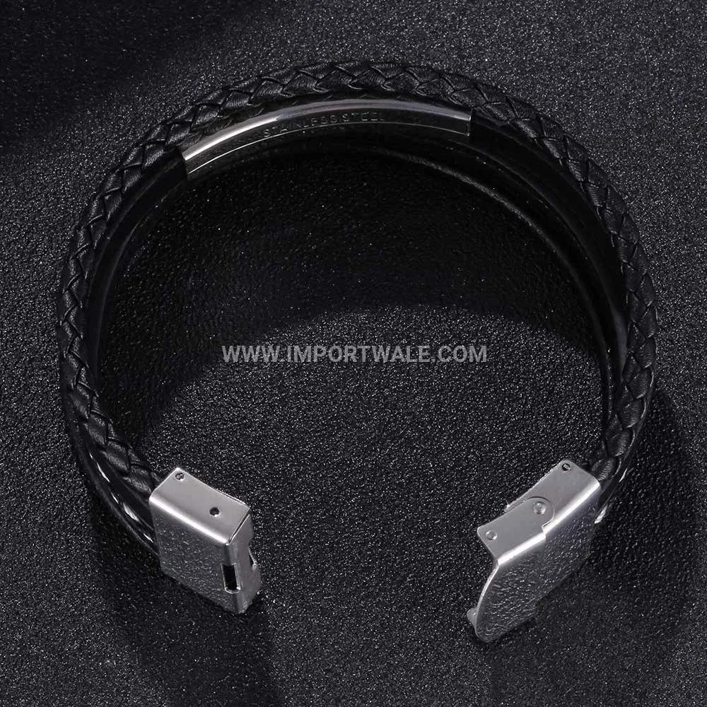 Braided Leather Wristband Bracelet with Stainless Steel Clasp