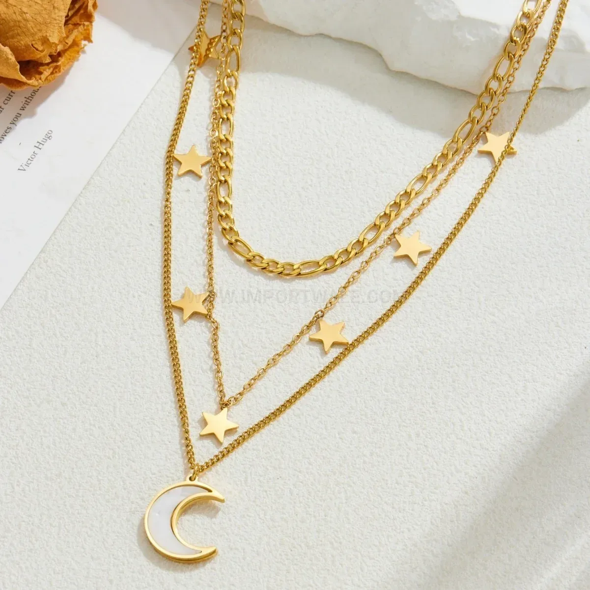 Elegant Layered Gold Plated Stainless Steel Star and Moon Necklace