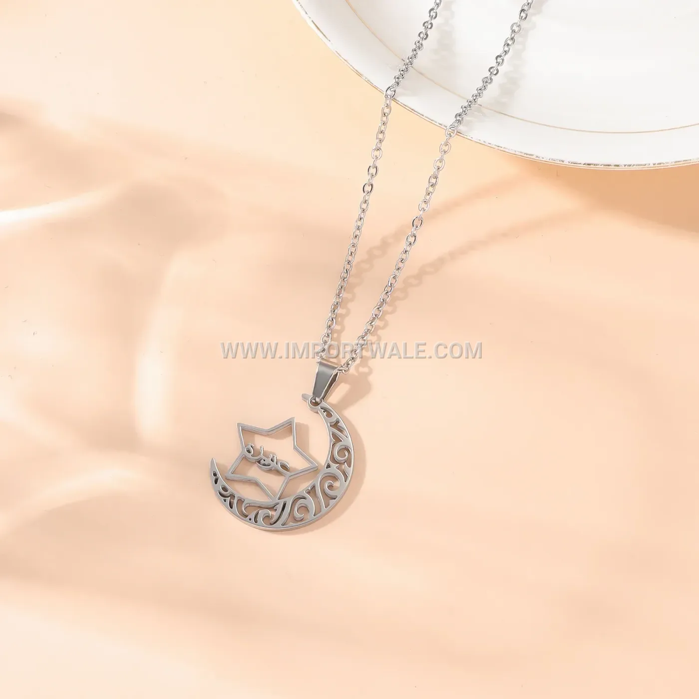 Delicate Stainless Steel Celestial Moon and Stars Pendant Necklace