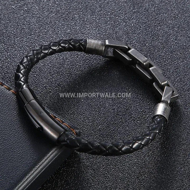 Woven Leather and Stainless Steel Link Men's Bangle Bracelet
