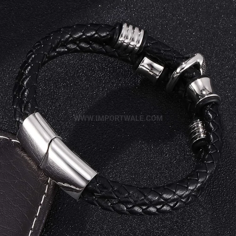 Trendy Buddha Emblem Stainless Steel and Leather Cord Wristband
