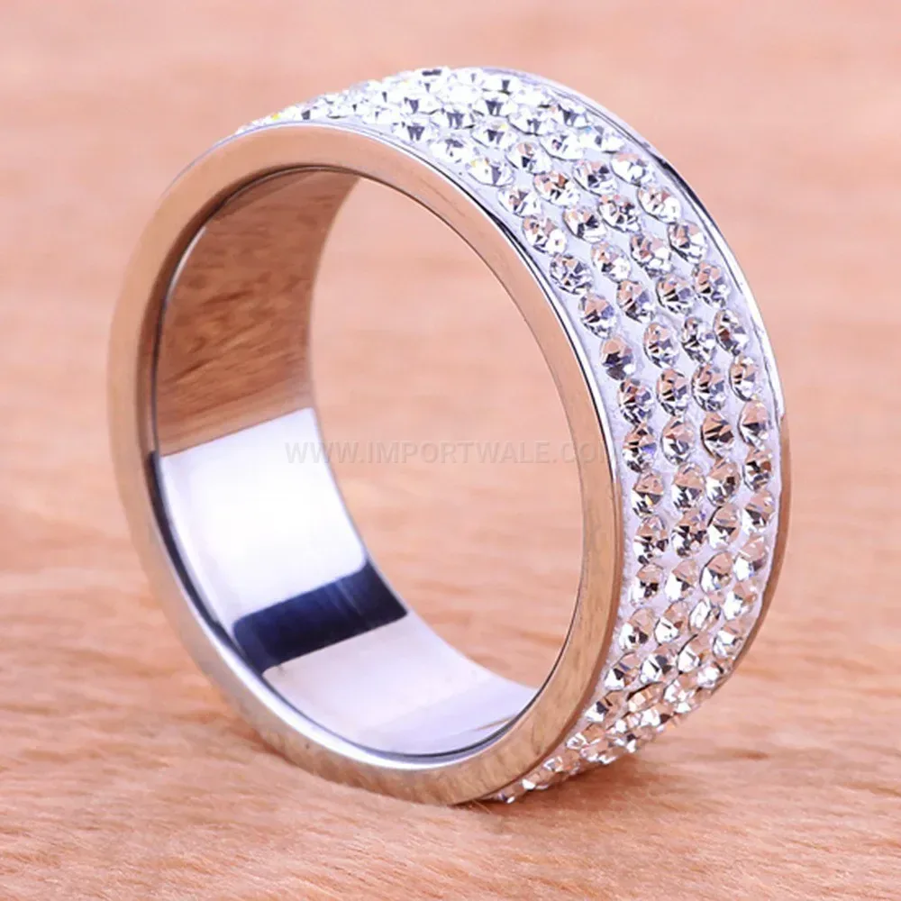 Four Row Rhinestone Stainless Steel Band Ring