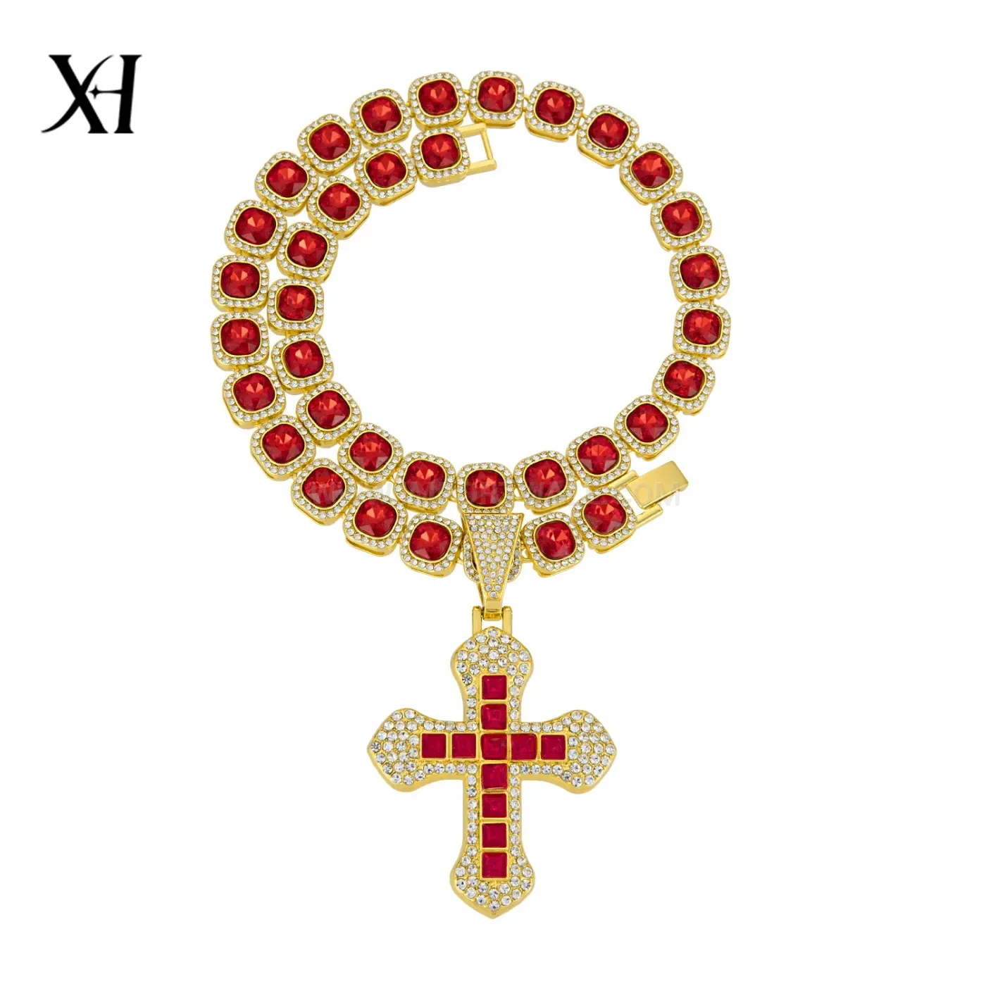 Premium Layered Square Gem Cross Pendant Cuban Necklace