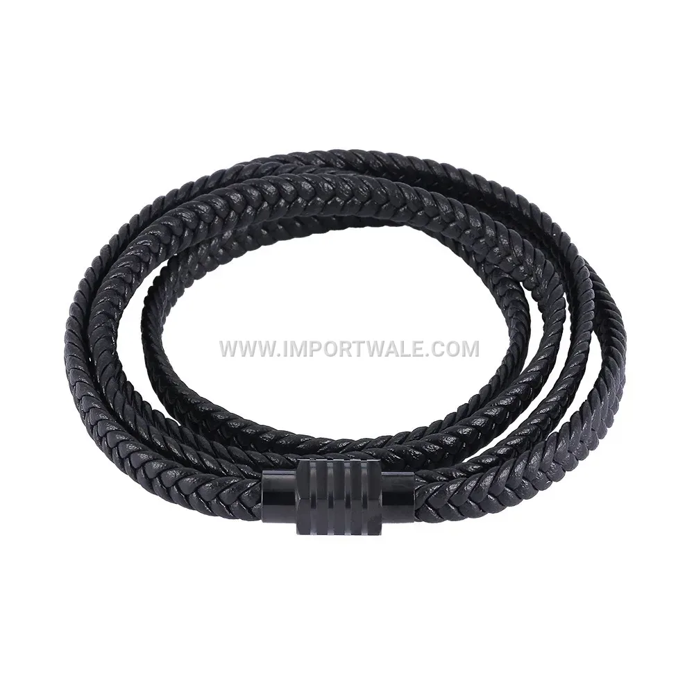 Double Wrap Braided Black Leather Steel Cuff Bracelet