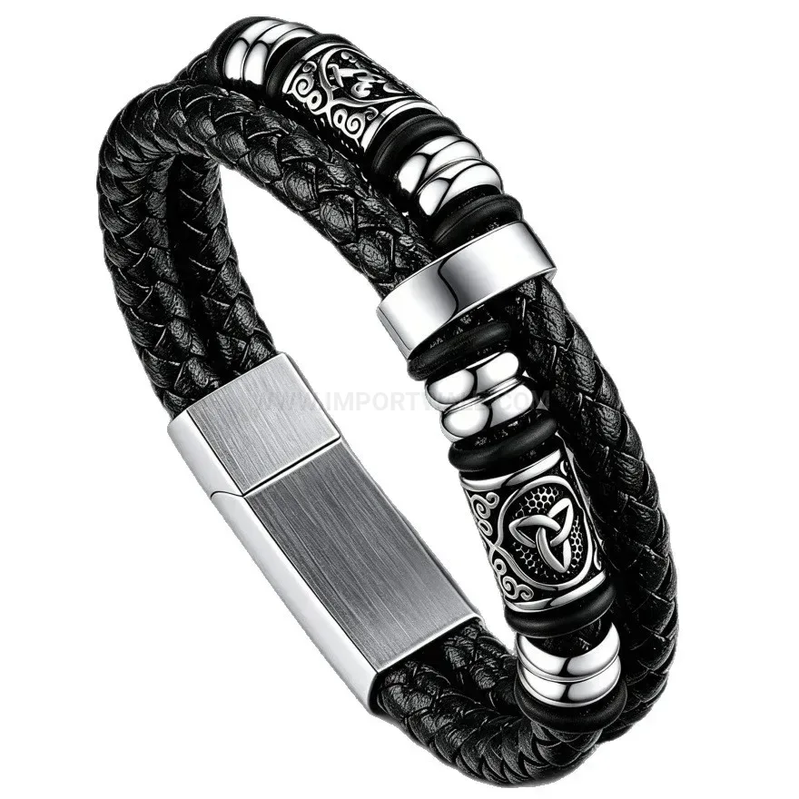 Classic Men Stainless Steel Magnetic Clasp Faux Leather Cuff Bracelet