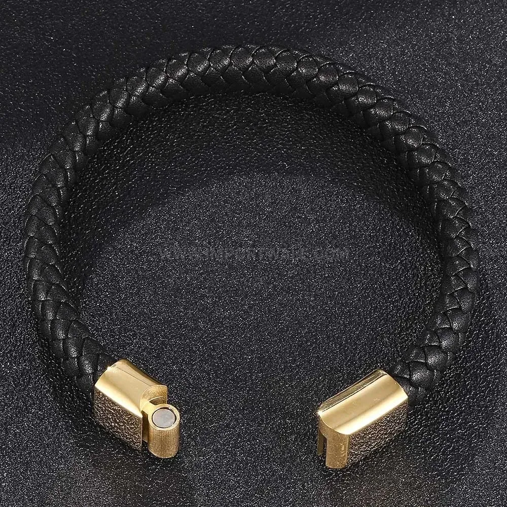 Woven Leather Wristband with Stainless Steel Clasp Fastening