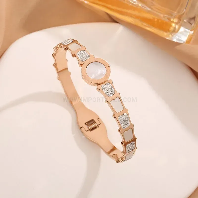 Classic Roman Numeral Mother of Pearl Crystal Titanium Steel Bangle