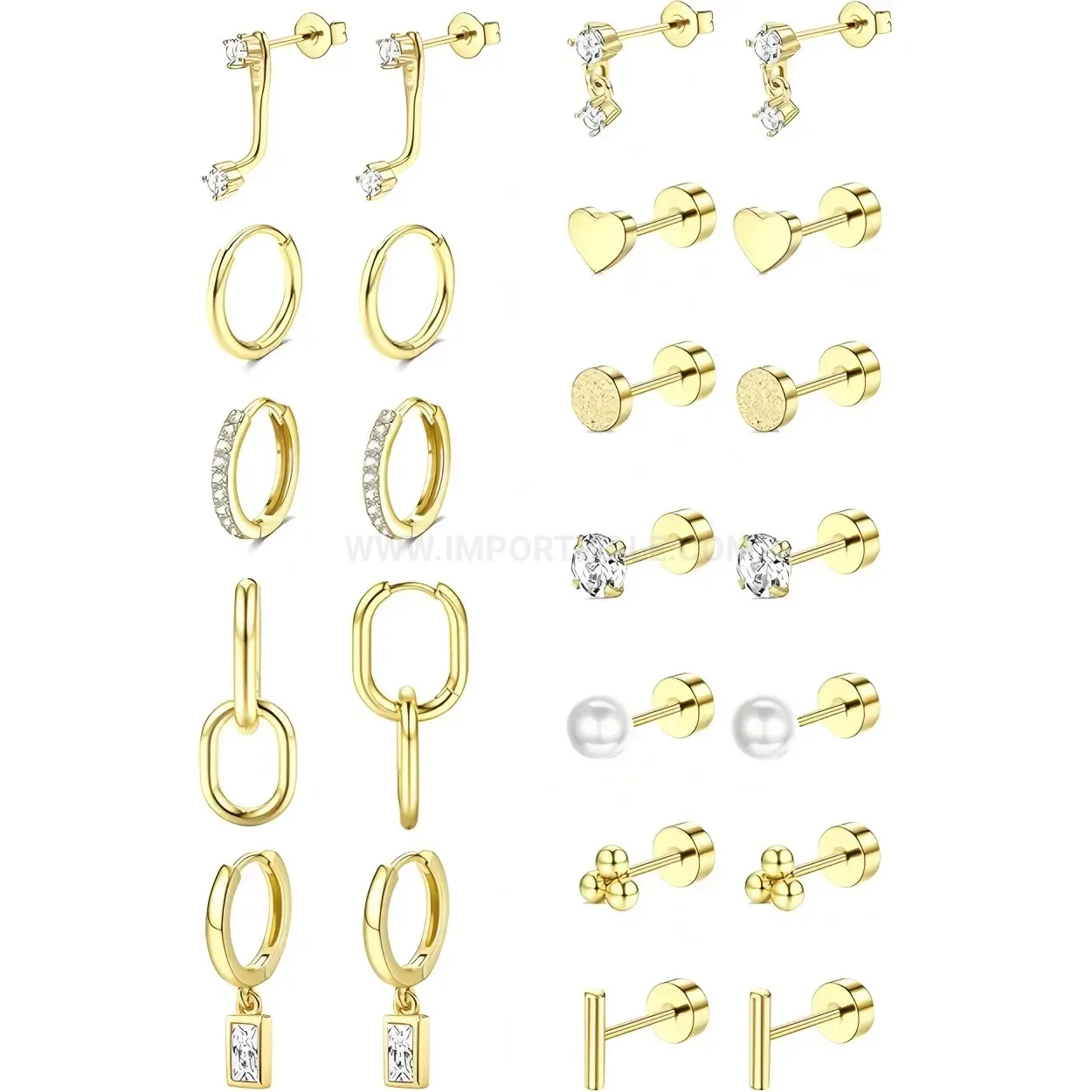 Classic Geometric Stainless Steel Crystal and Pearl Piercing Stud Set