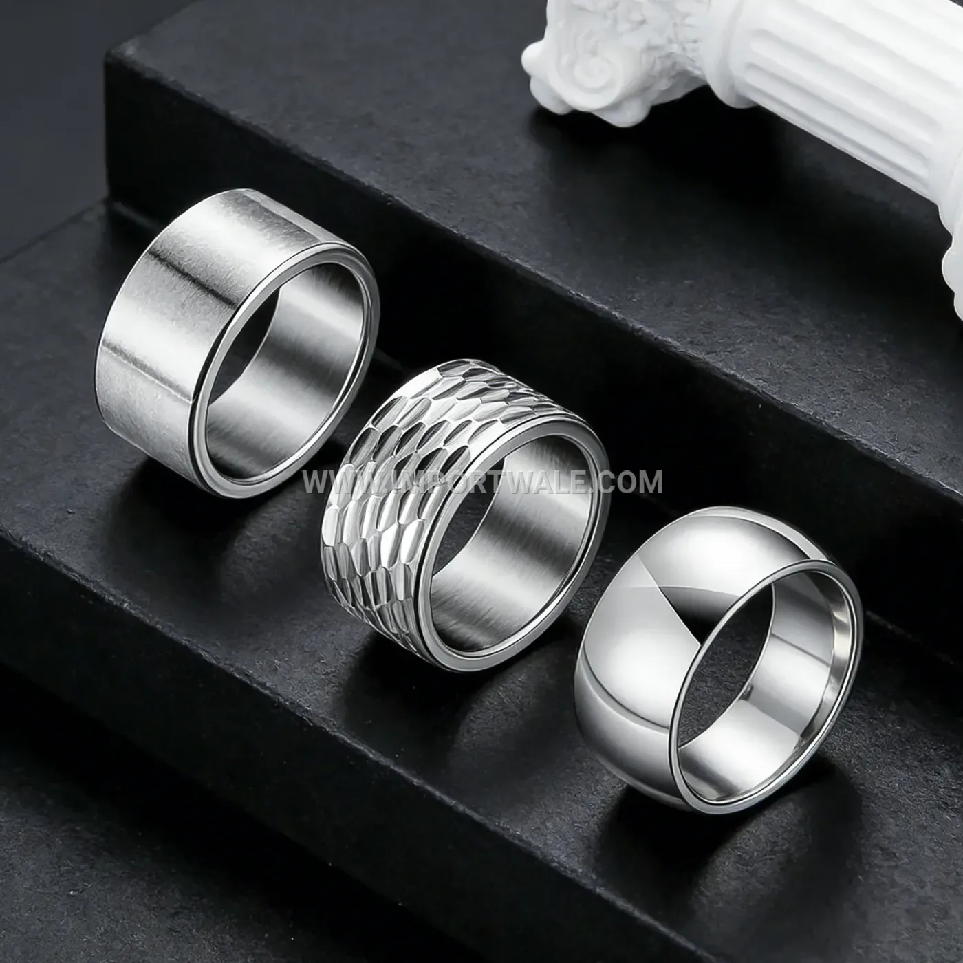 Hammered Finish Wide Stainless Steel Ring Trio