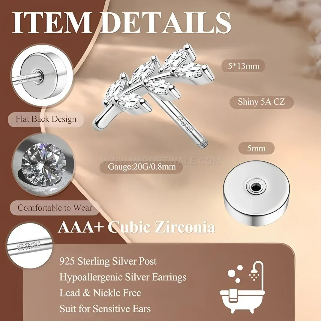 Modern Stainless Steel Leaf Zircon Piercing Cartilage Stud Earrings