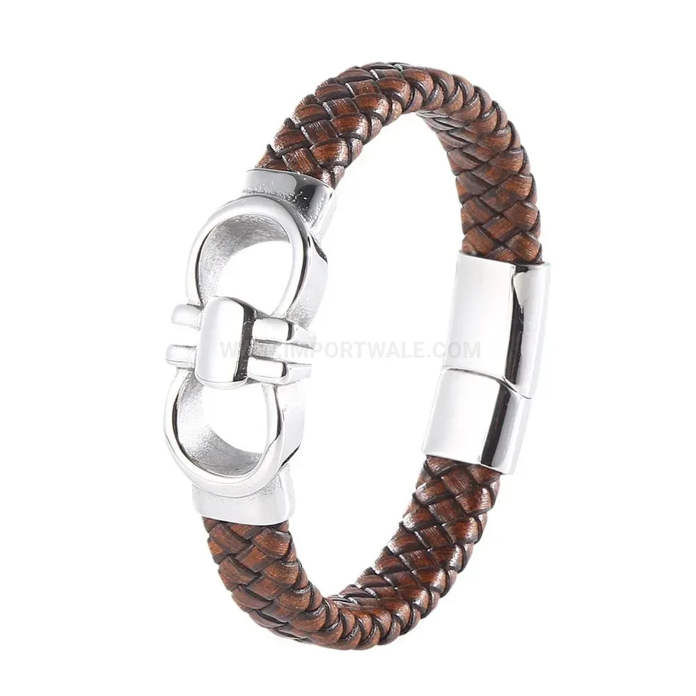 Braided Brown Leather Wristband with Stainless Steel Accents