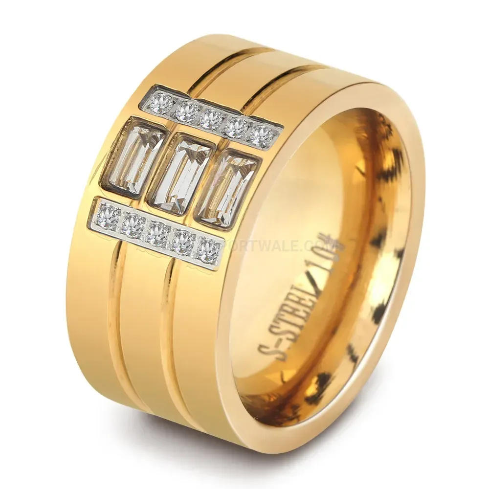 Wide Triple Row Zirconia Splice Stainless Steel Ring