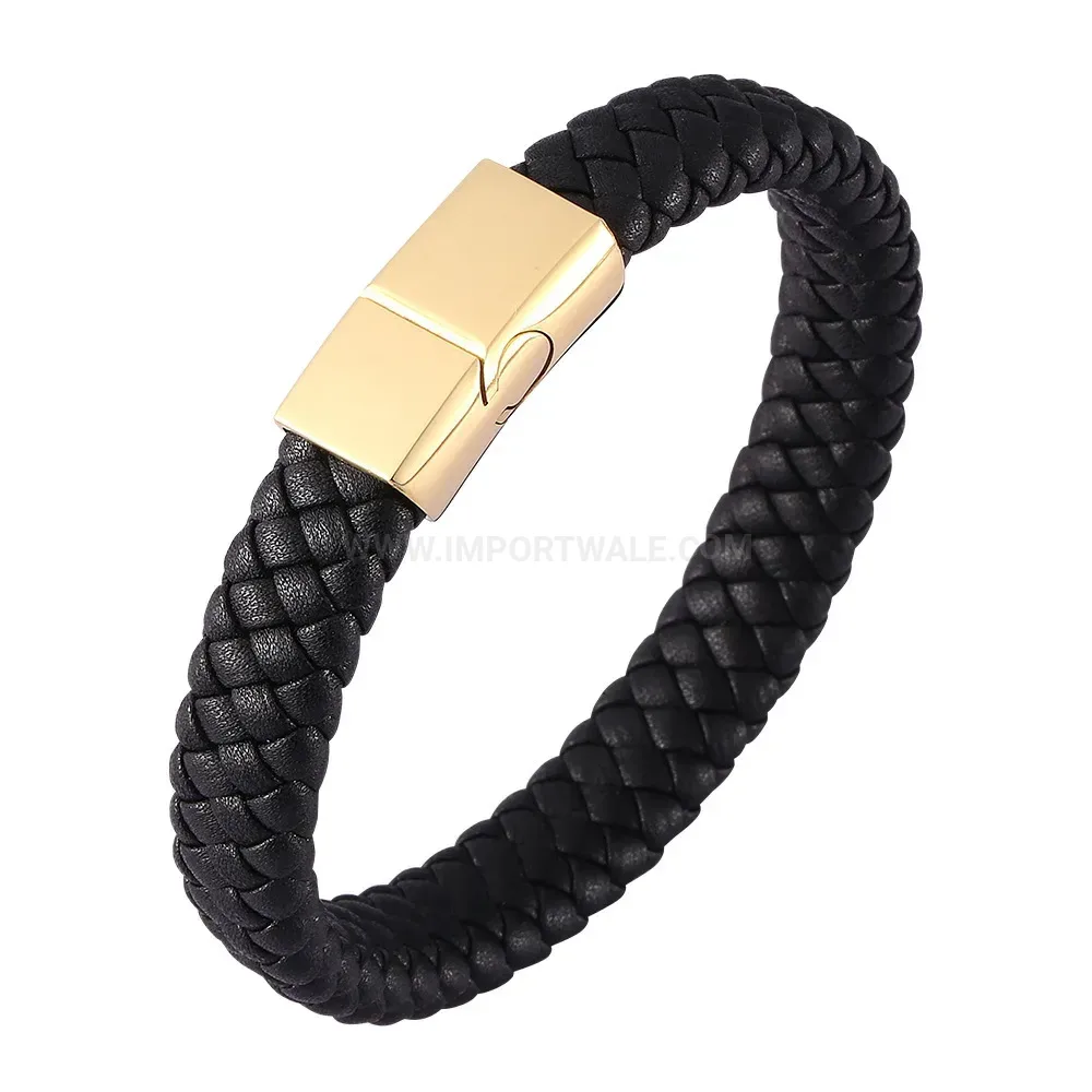 Woven Leather Wristband with Stainless Steel Clasp Fastening