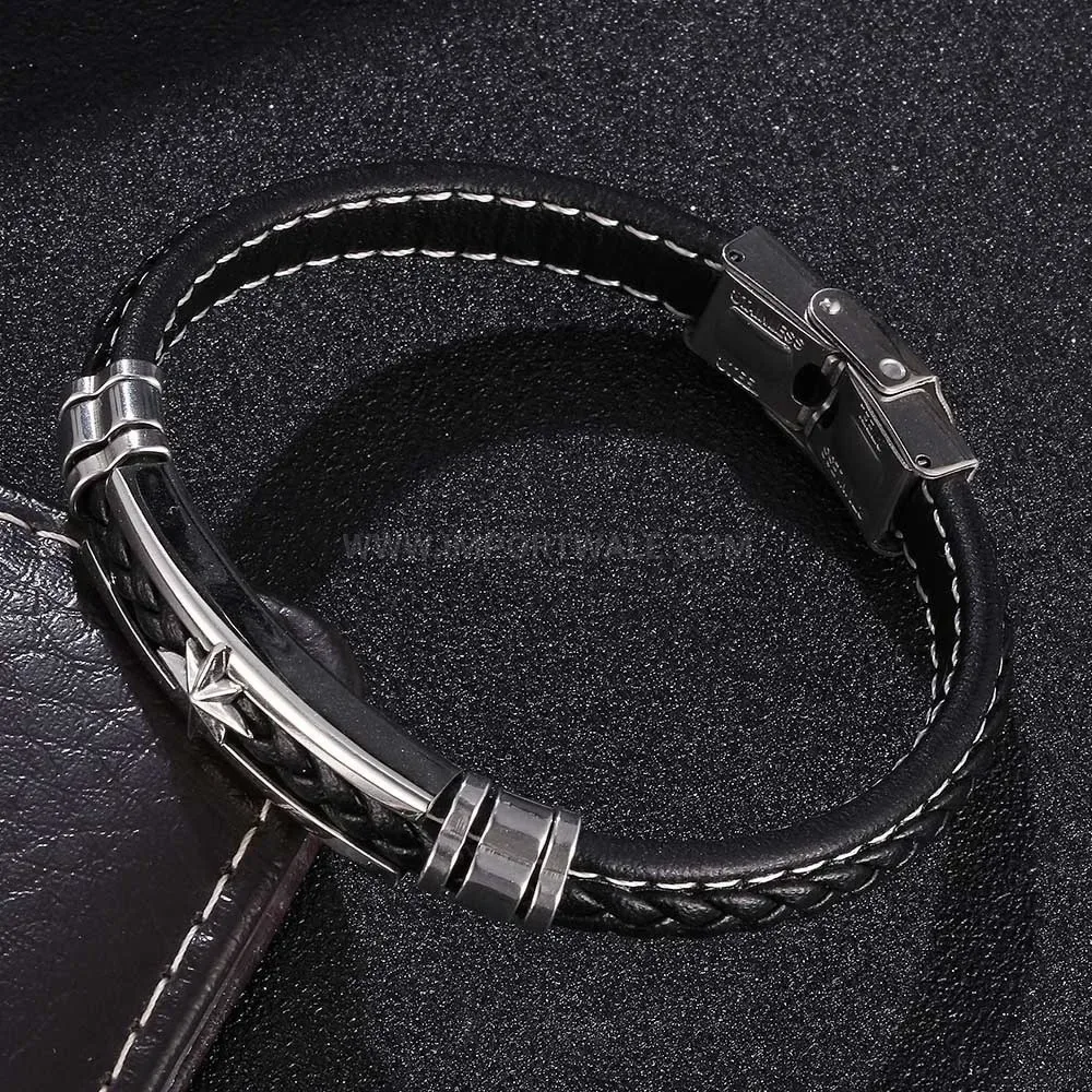 Anchor Accent Woven Leather Bracelet with Stainless Steel Detail