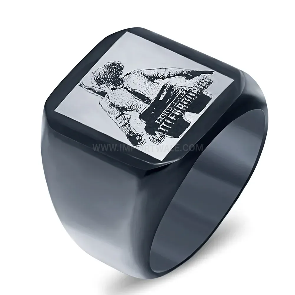 Modern Engraved Square Signet Ring in Black Stainless Steel