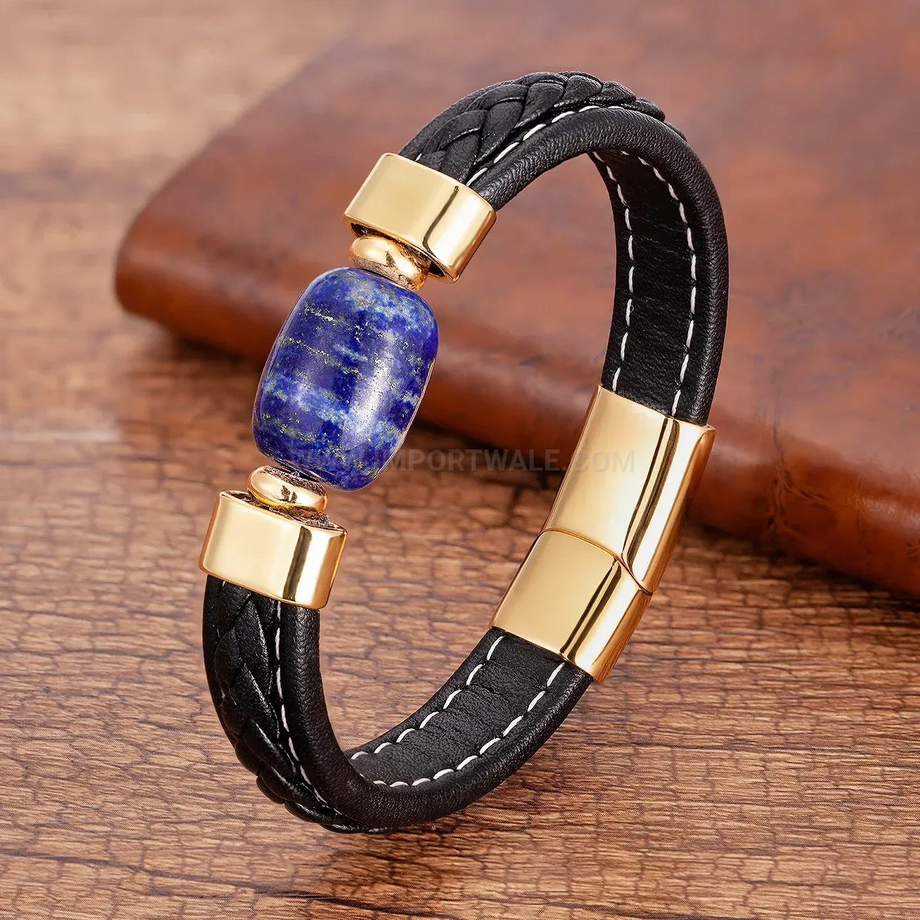 Natural Stone Braided Leather Cord Bracelet With Stainless Steel Magnetic Clasp