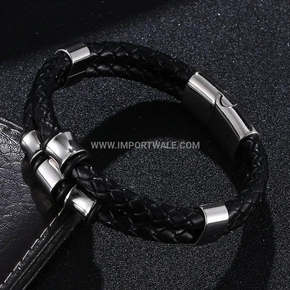 Multi-Layer Woven Leather Bracelet with Stainless Steel Accents