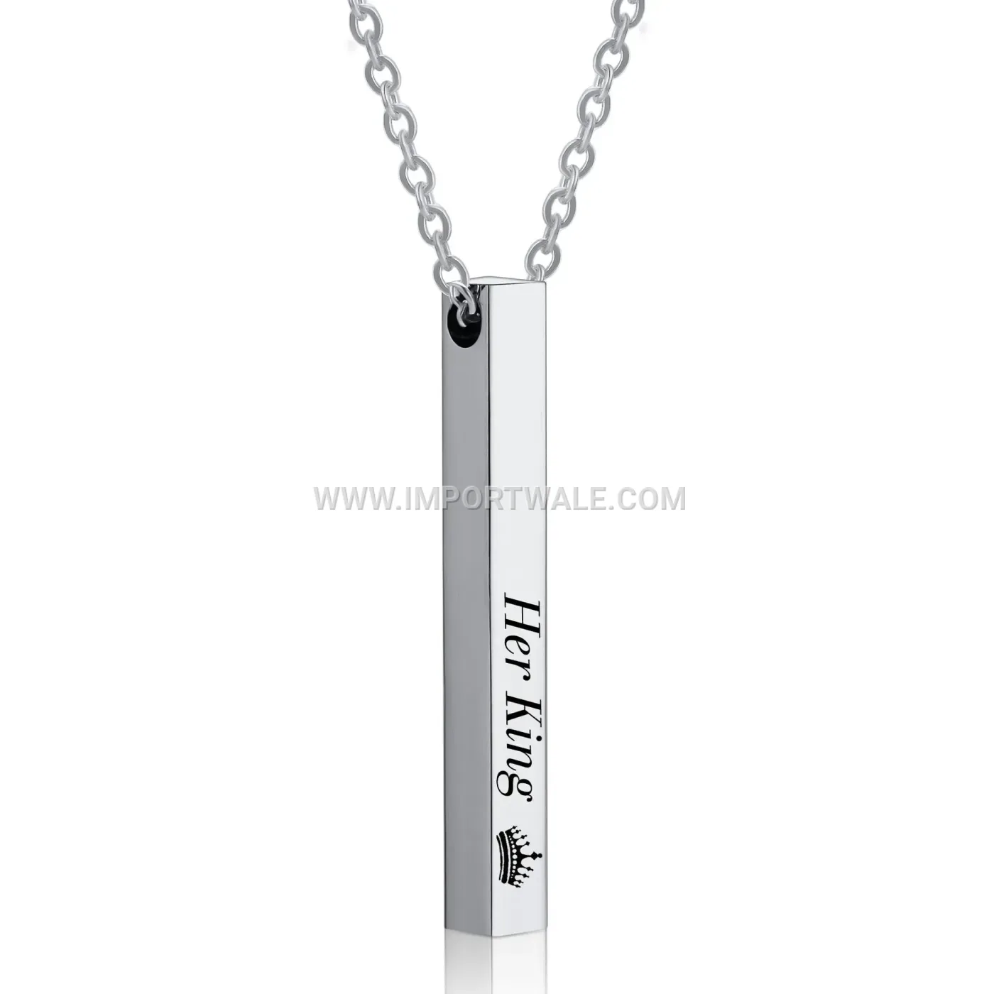 Crown Engraved Vertical Bar Pendant Stainless Steel Pendant Necklace