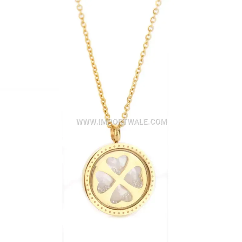 Gold Stainless Steel Cutout Clover Pendant Necklace with Crystal Accent