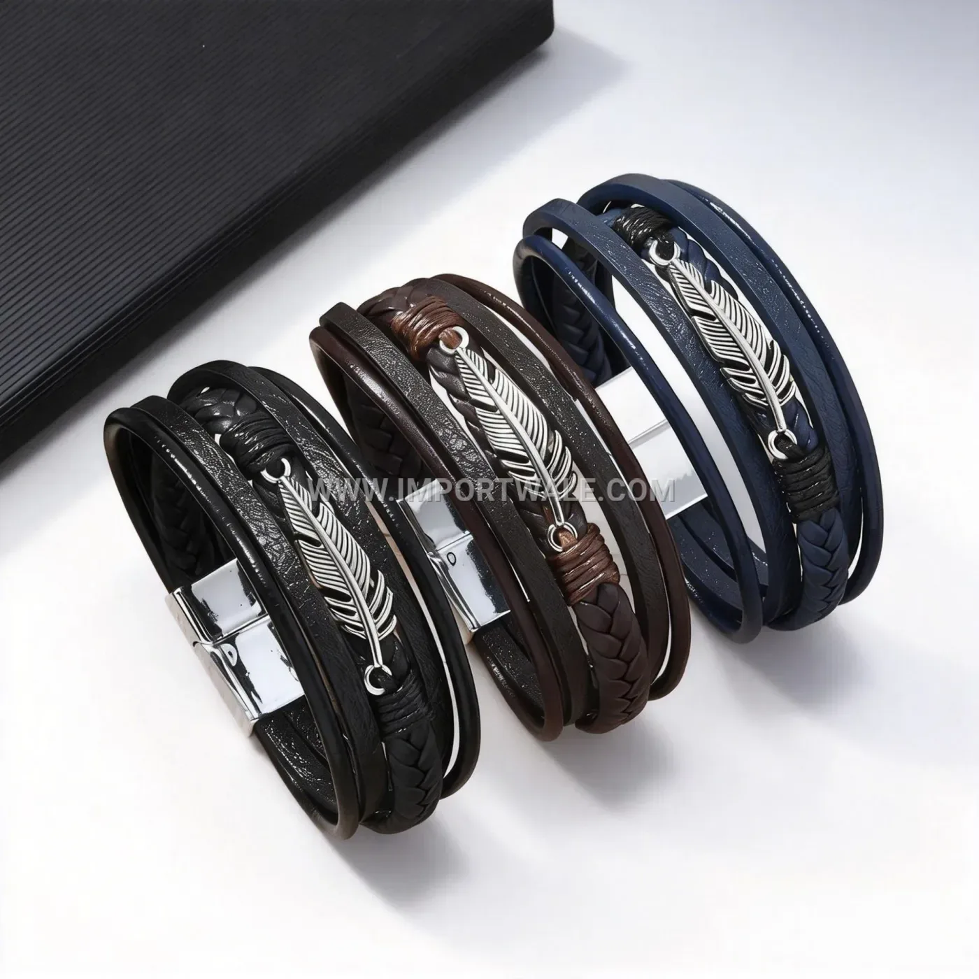 Vintage Feather Multilayer Braided Leather Wrap Bracelet Magnetic Clasp
