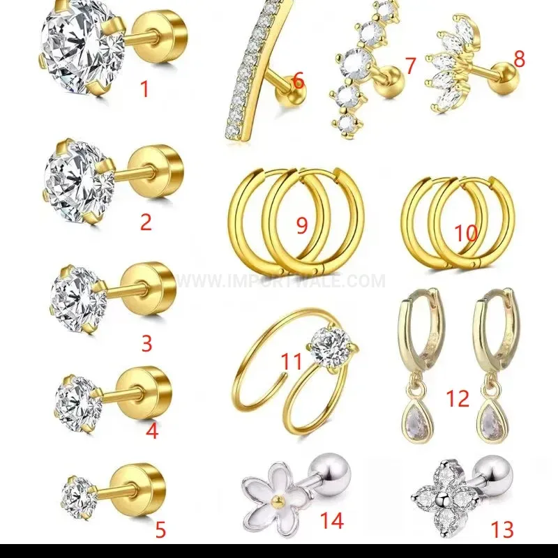 Modern Sparkling Zircon Leaf Stainless Steel Cartilage Stud Earring Set