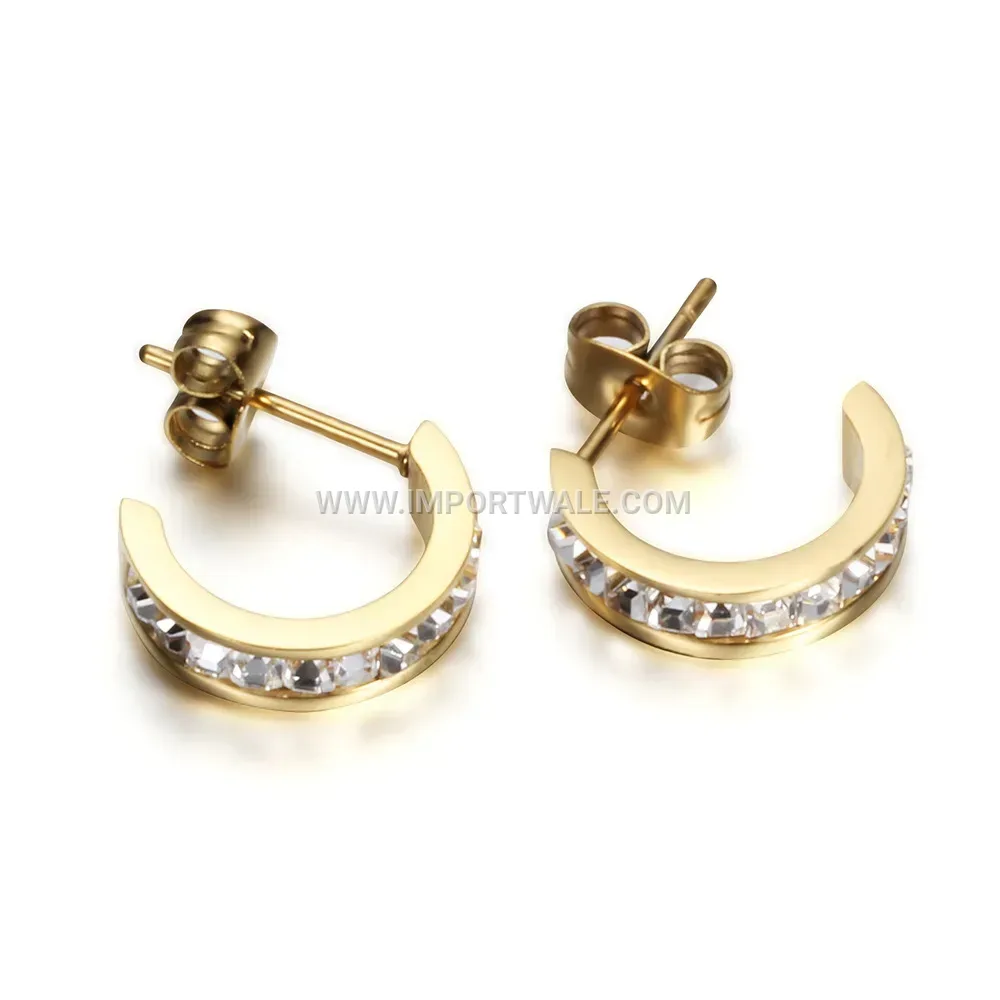 C-Shape Zirconia Accent Stainless Steel Stud Earrings