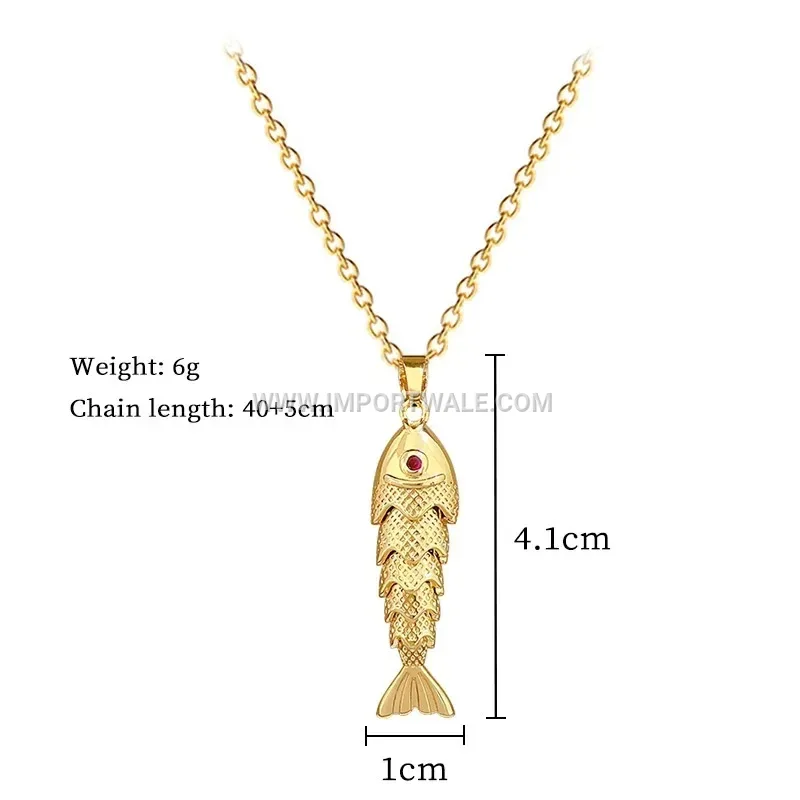 Vintage 18K Gold Plated Stainless Steel Goldfish Pendant Zircon Necklace