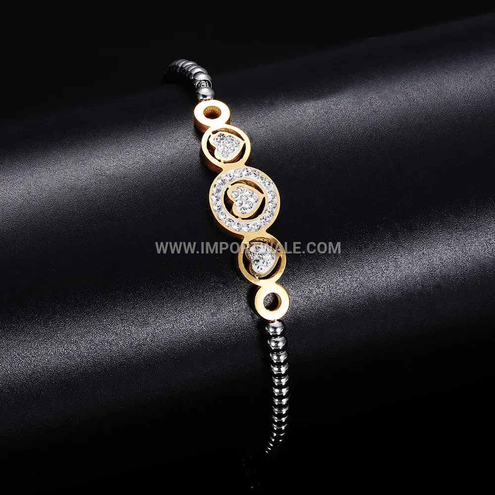 Adjustable Stainless Steel Heart Beaded Bracelet with Rhinestone Accents