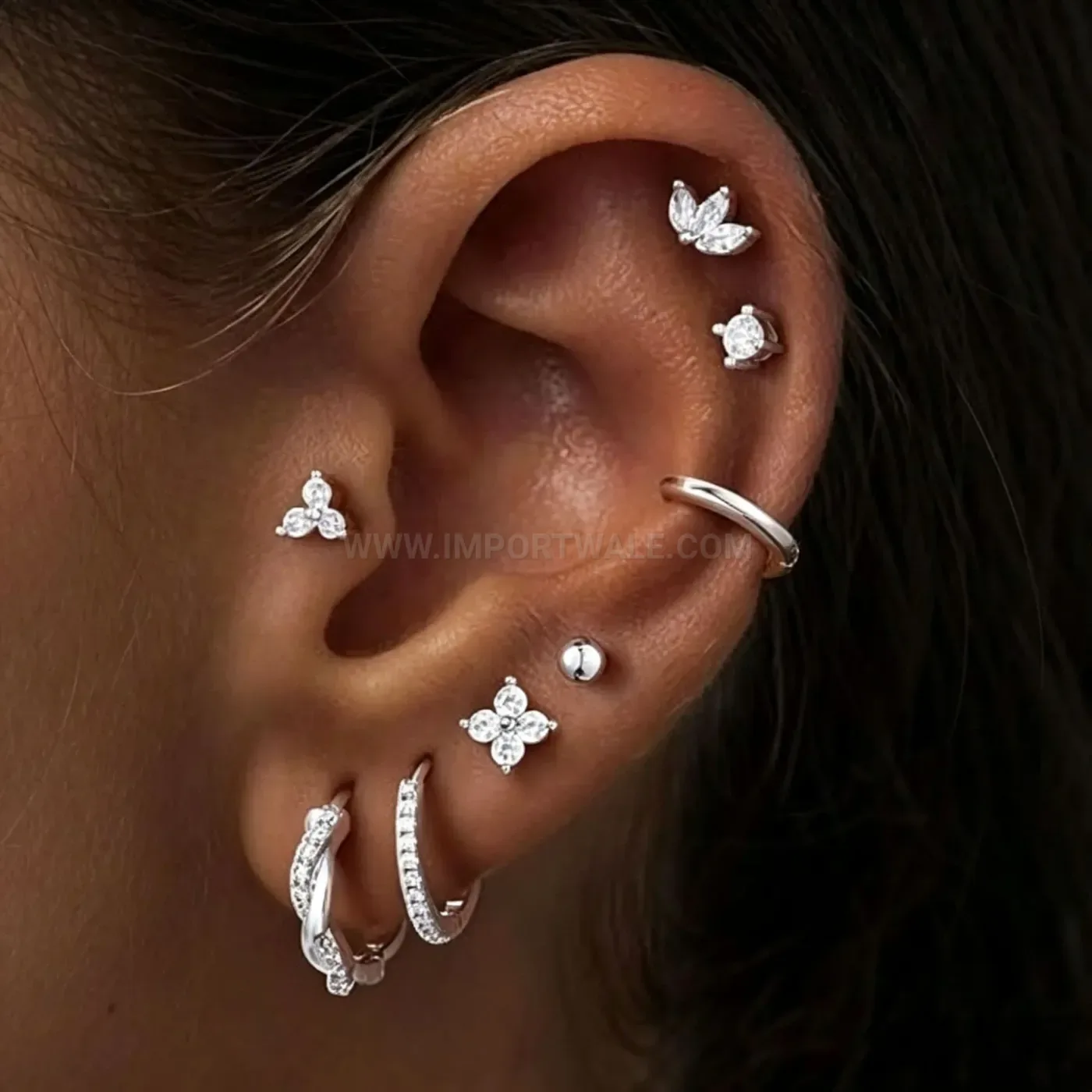 Bold French Floral Rhinestone Stainless Steel Piercing Stud Set