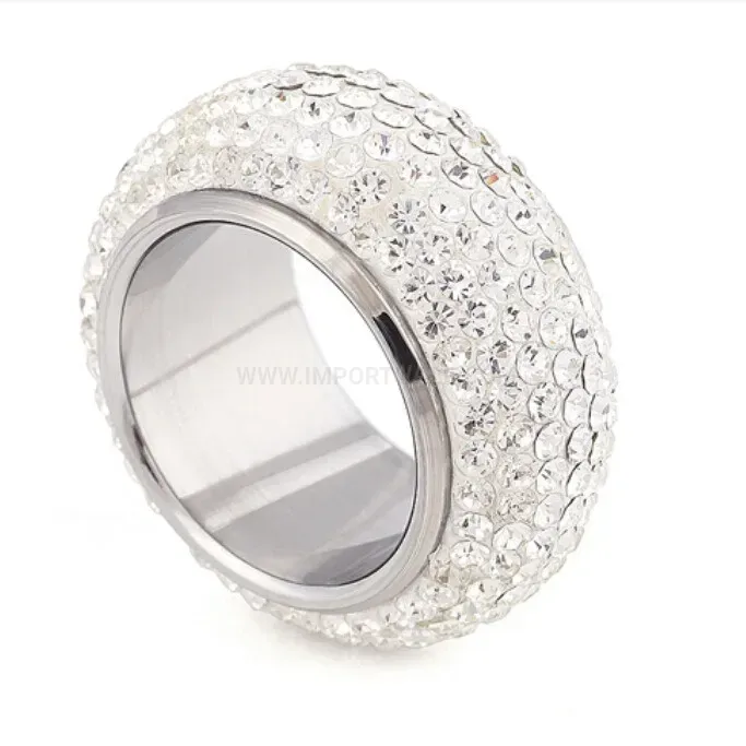 Seven Row Rhinestone Wide Stainless Steel Band Ring 15mm