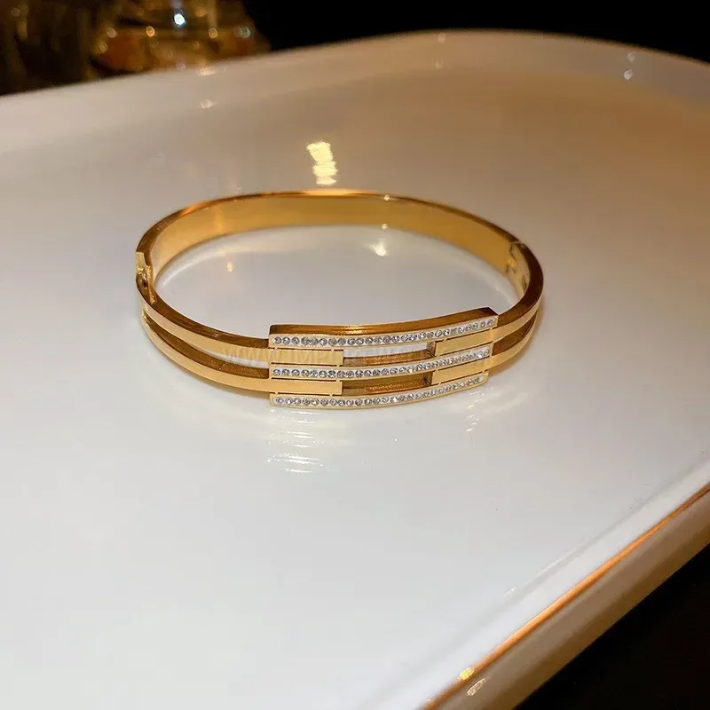 Classic Multi Layer Rhinestone Open Titanium Steel Cuff Bangle