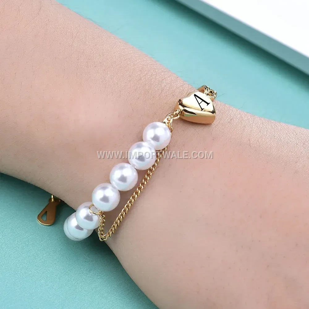 Stainless Steel Cuban Link Imitation Pearl Heart Initial Bracelet